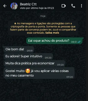 Print de WhatsApp: cliente Beatriz elogiando o produto.