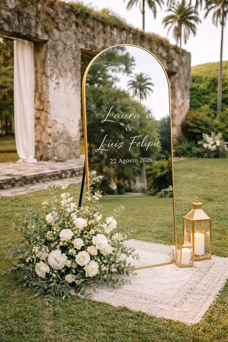 Casal comemorando em uma festa de casamento simples e bonita ao entardecer